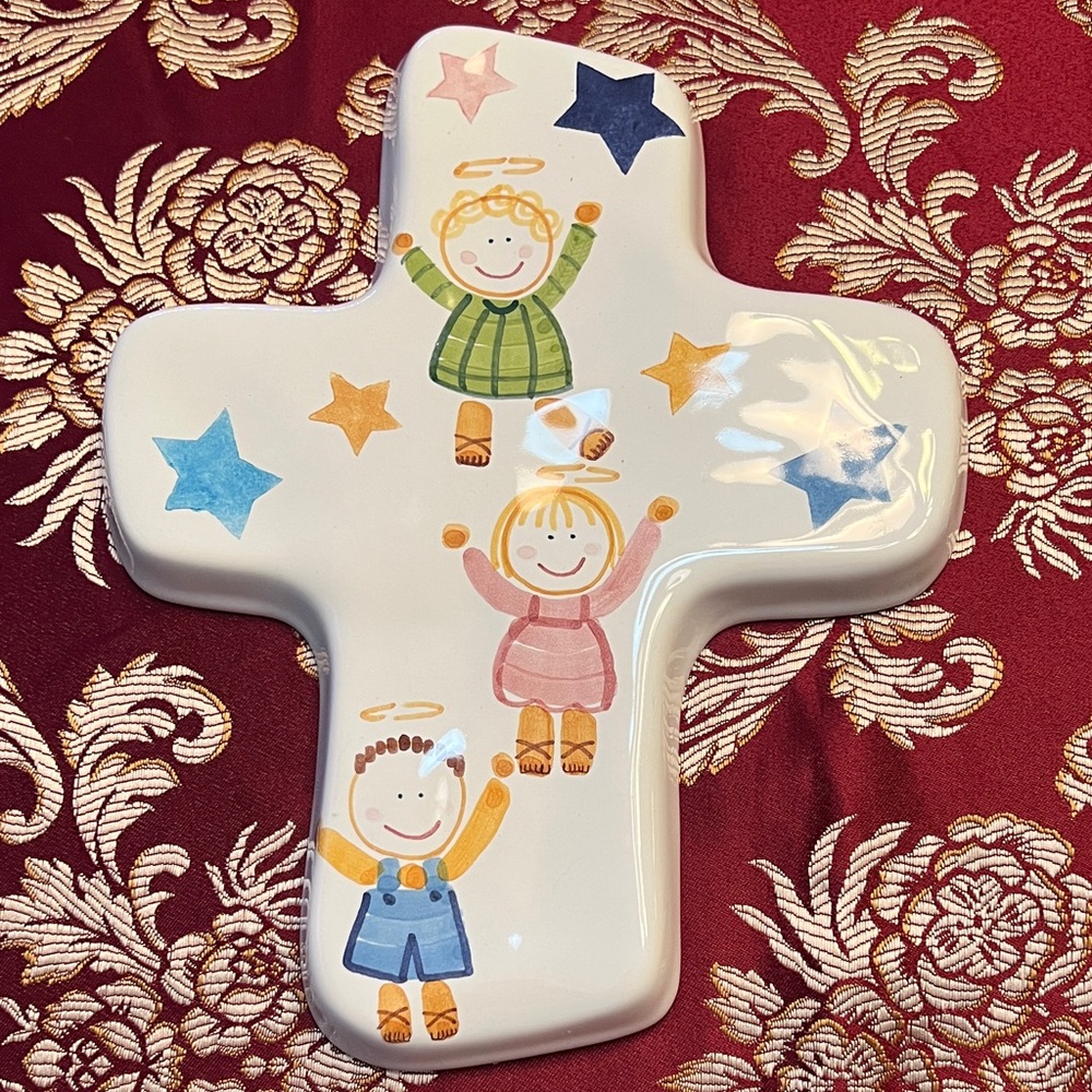 Ceramic Cross with Colorful Angels and Stars